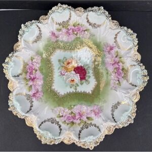 Antique M.Z. Austria Hand Painted Floral Centerpiece Plate Bowl Gold Gilt Roses